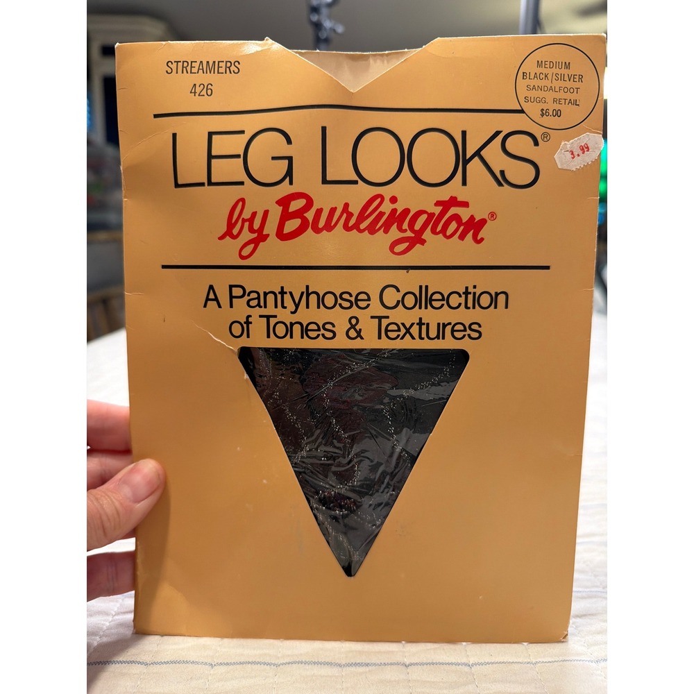 Vintage Leg Looks by Burlington Streamers 426 Pantyhose Black Silver Medium USA